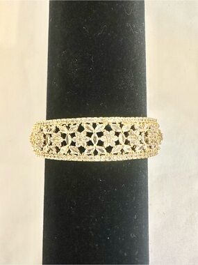 7” Elegant Gold Plated Filigree/Floral Moissanite Bangle (Luxury)